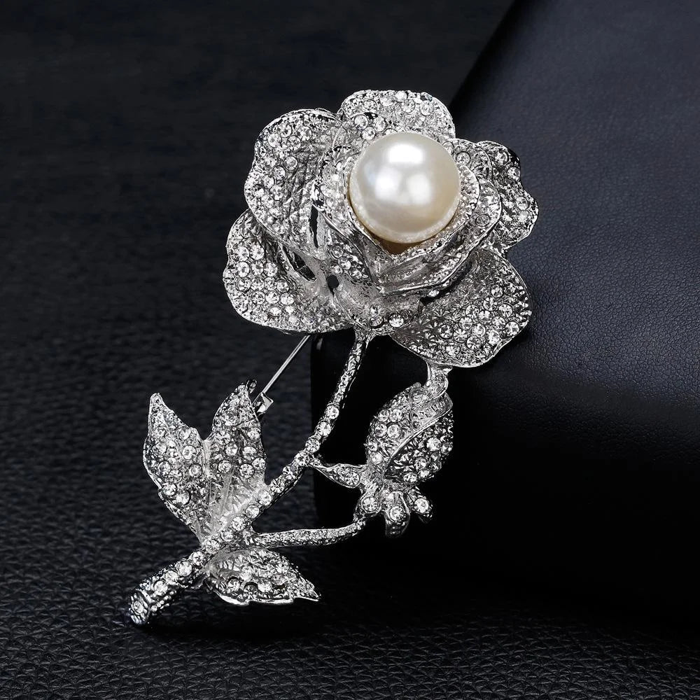 Elegant Rhinestone Rose Flower Brooch With White Pearl, Alloy Lapel Pin Corsage Suit Accessory Gift