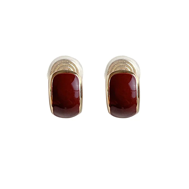 Elegant Red Enamel Geometric Rectangle Alloy Stud & Clip On No Piercing Minimalist Earrings