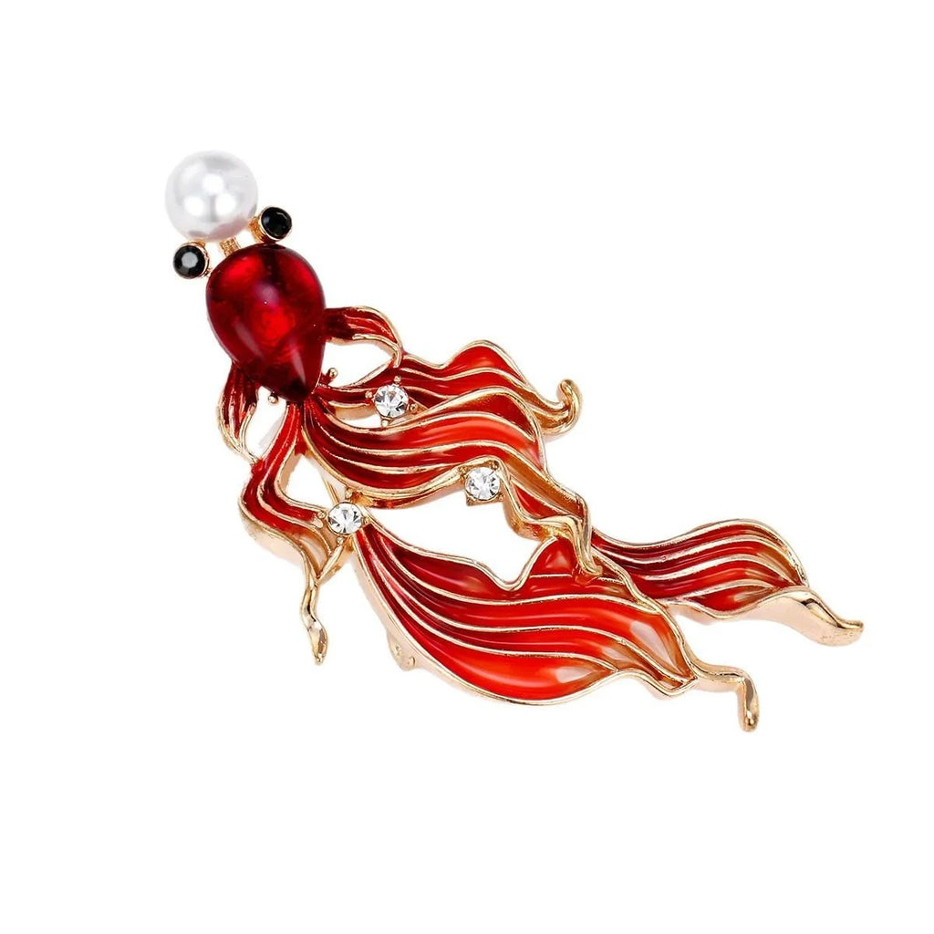 Elegant Red Enamel Koi Goldfish Brooch With Pearl And Rhinestone Accents, Luxury Lapel Pin Gift