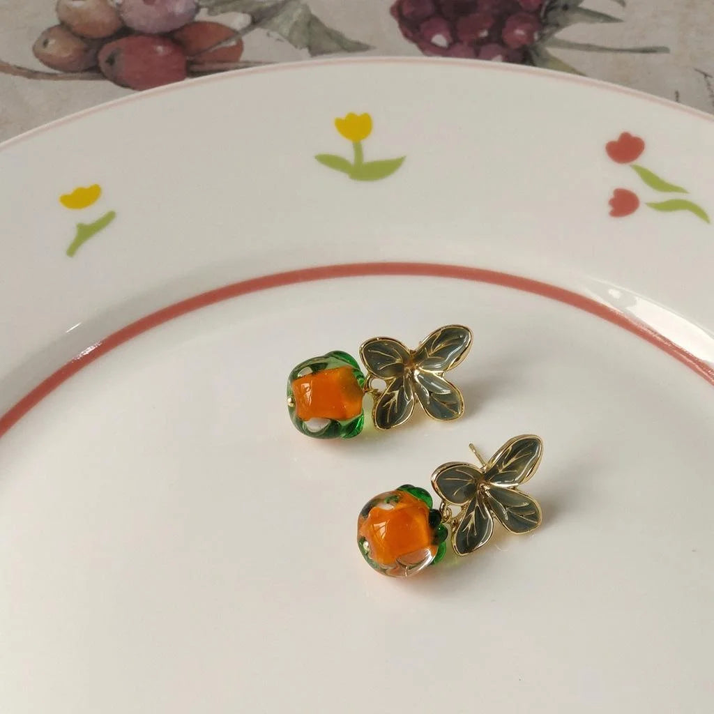 Vintage Japanese Glass Persimmon Drop Earrings 14K Gold Plated Fruit Jewelry