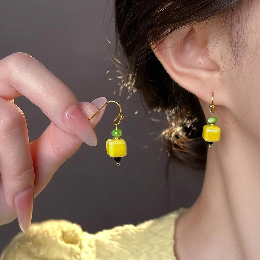 New Chinese Style Yellow Ceramic Geometric Square Handmade Drop Earrings for Women
