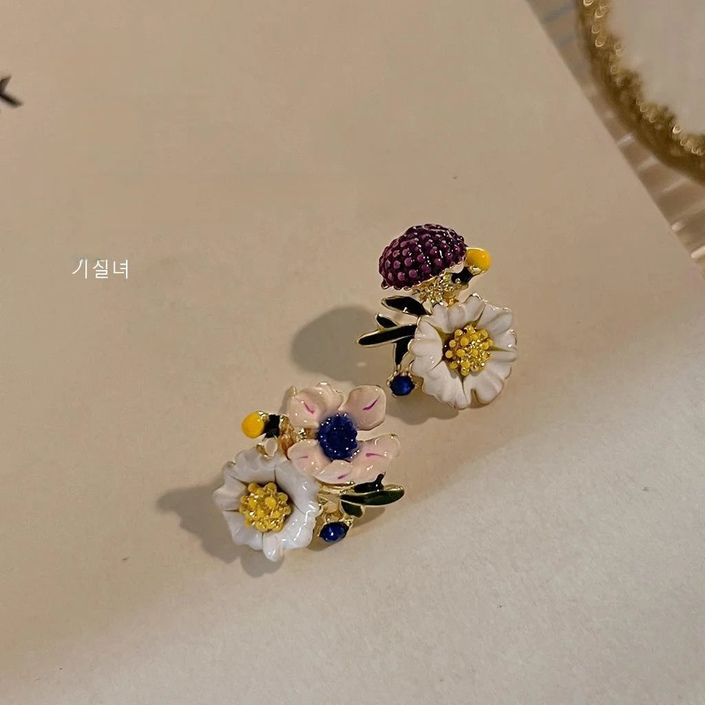 Vintage Enamel Glazed Flower Stud Earrings 14K Plated Copper Asymmetric Forest Style Jewelry