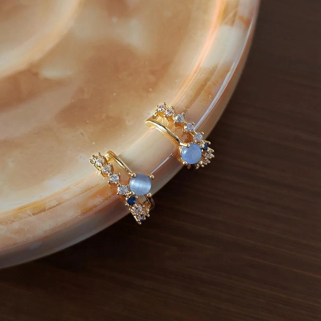 French Light Luxury 14K Plated Ring Stud Earrings With Zircon Glass Cat Eye Stone For Women
