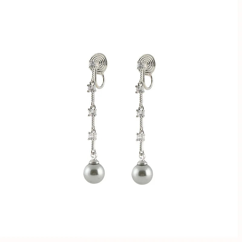 Elegant Long Tassel Grey Pearl Zircon Drop Stud & Clip On No Piercing Face Slimming Earrings