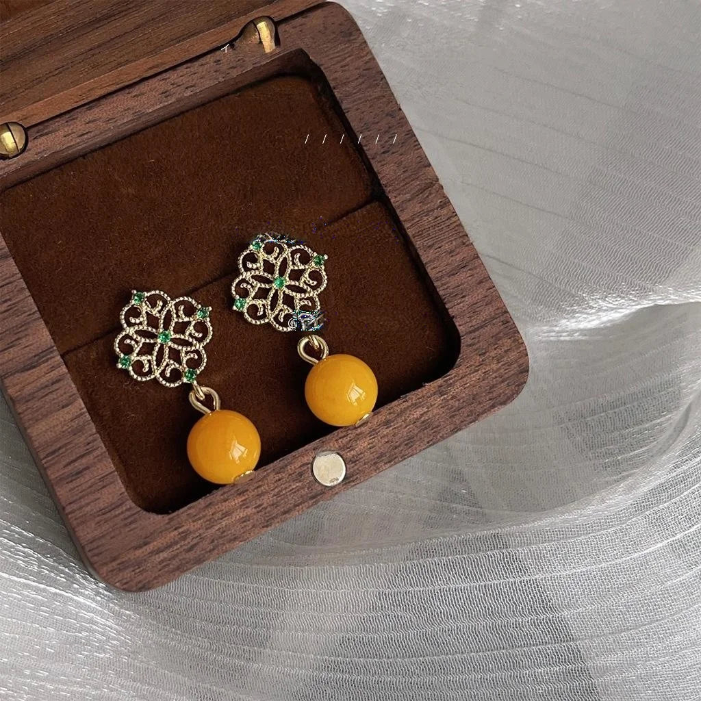 French Vintage Geometric Round Faux Amber Copper 14K Plated Stud Earrings For Women