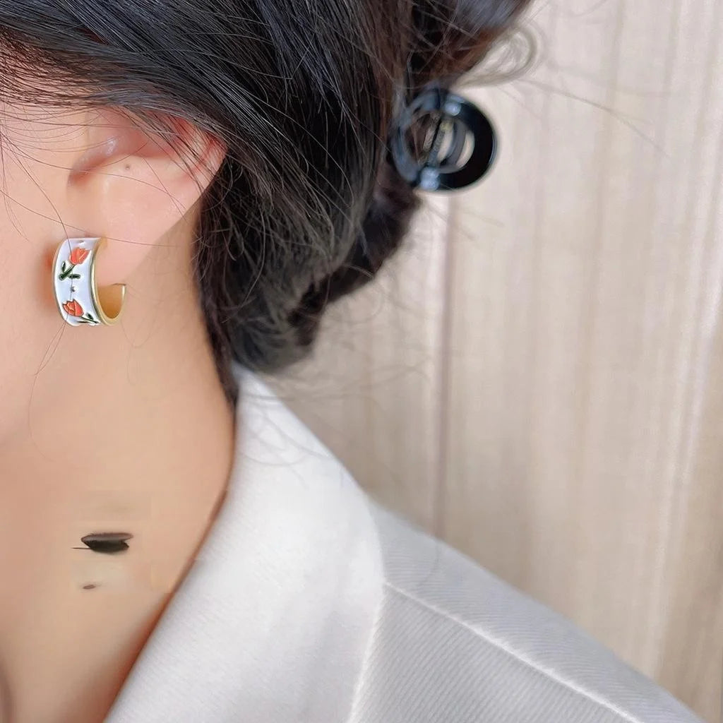 French Vintage Copper Tulip Flower Enamel C-Shaped Hoop Earrings Elegant Sweet Jewelry