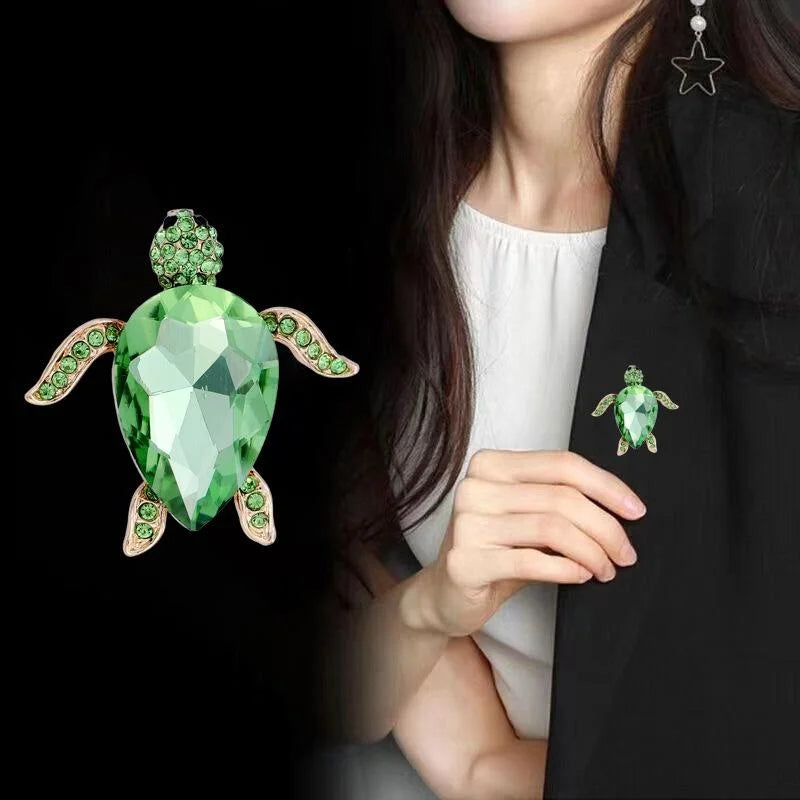 Women's Luxury Sea Turtle Brooch With Pink Green Glass Crystal Rhinestones, Elegant Animal Lapel Pin Gift