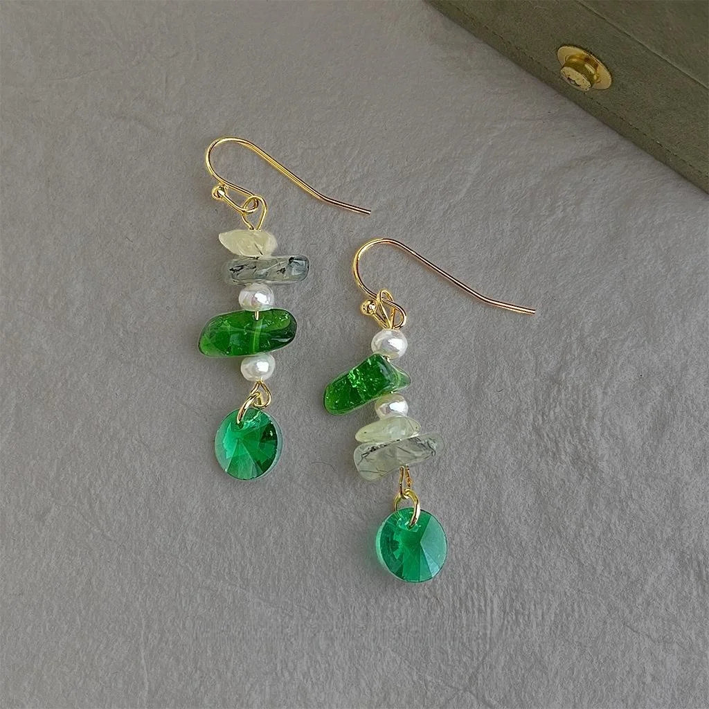 Forest Fresh Handmade Irregular Geometric Crushed Stone Freshwater Pearl Drop Earrings