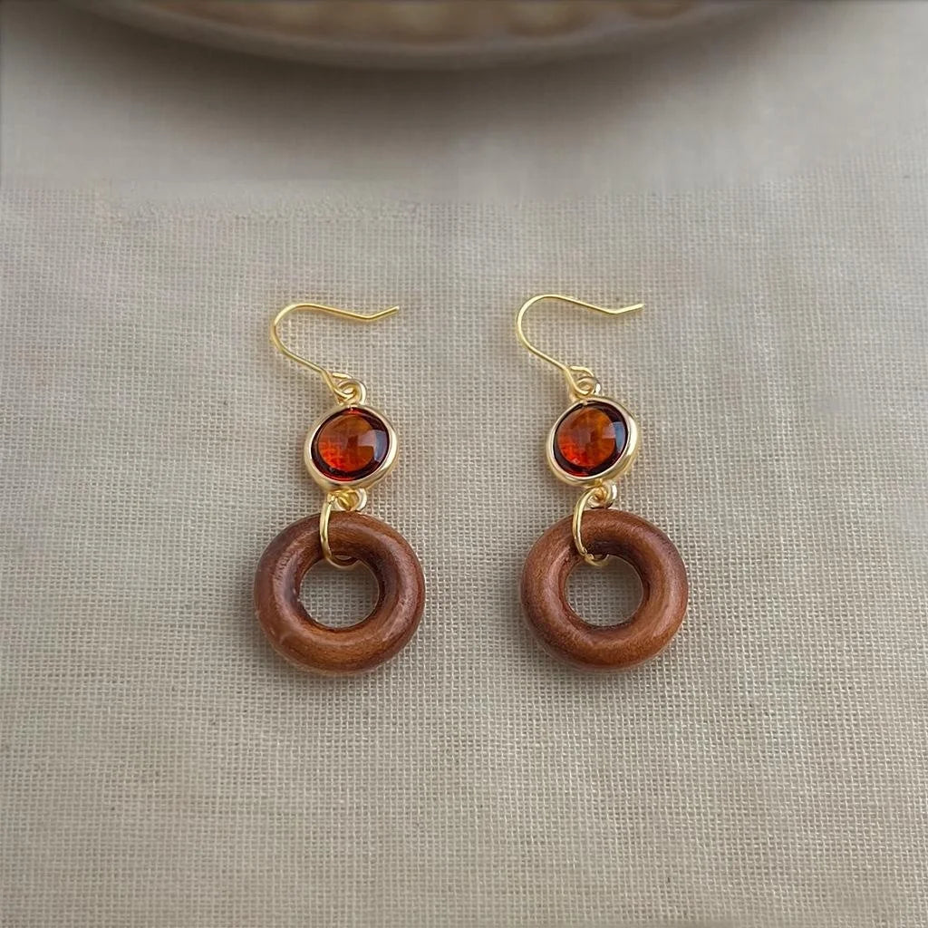 Handmade Ethnic Vintage Wooden Hollow Glass Crystal Peace Buckle Drop Earrings