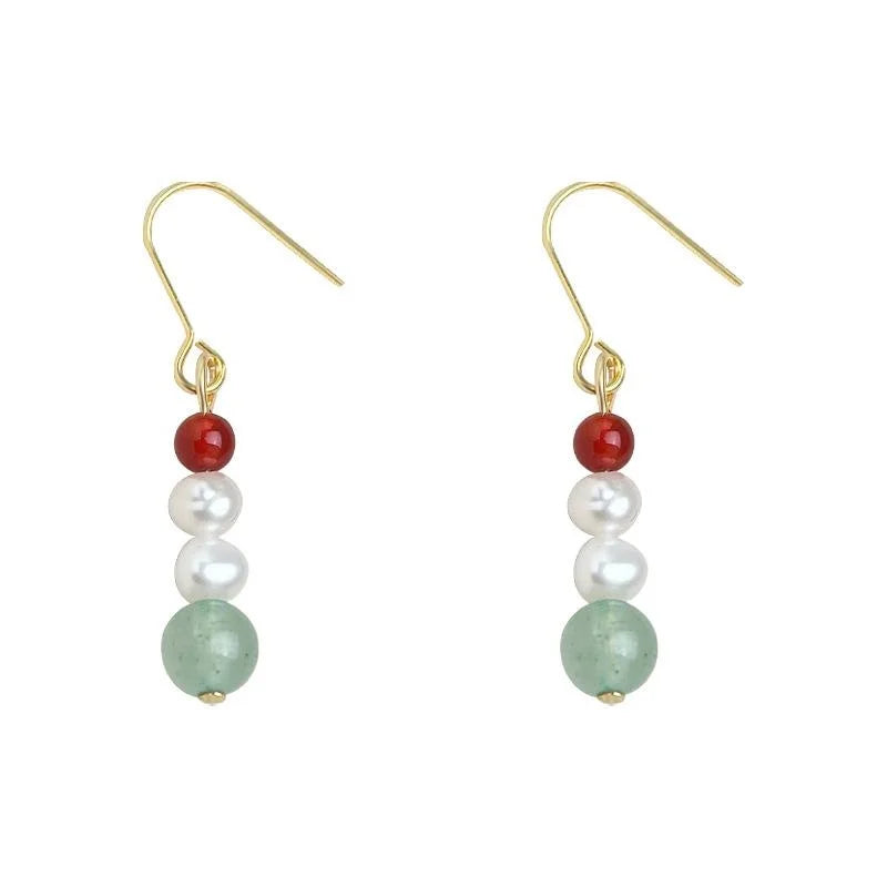 Vintage New Chinese Freshwater Pearl Red Agate Natural Stone Geometric Drop Earrings