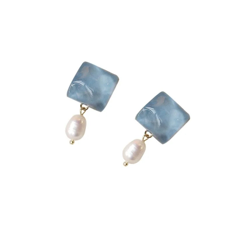 French Handmade Natural Pearl Acrylic Geometric Drop Earrings With Silver Plated Pins