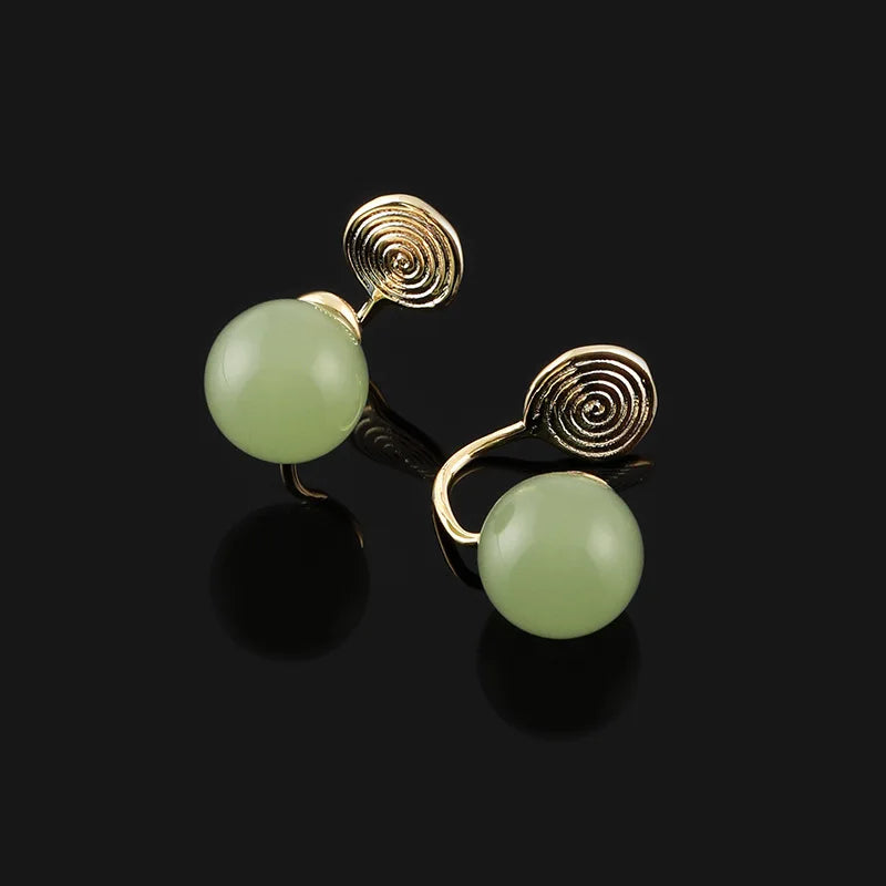 Minimalist Vintage Gold Alloy Spiral Disc With Natural Agate Ball Stud & Clip On No Piercing Earrings