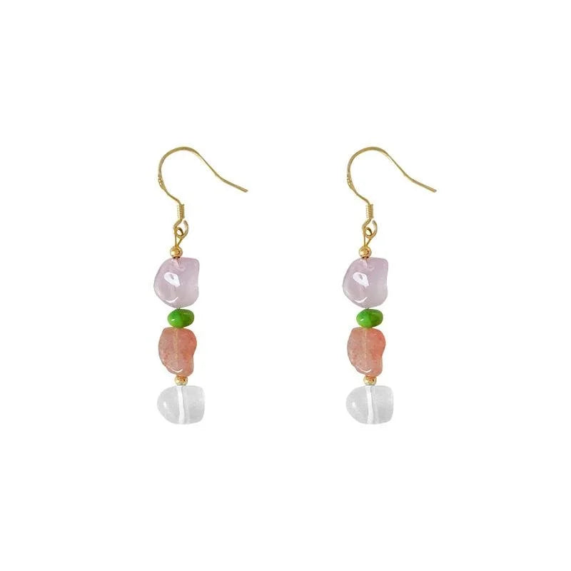 Handmade Natural Stone Drop Earrings With Strawberry Quartz Amethyst Irregular Geometric Pastoral Style