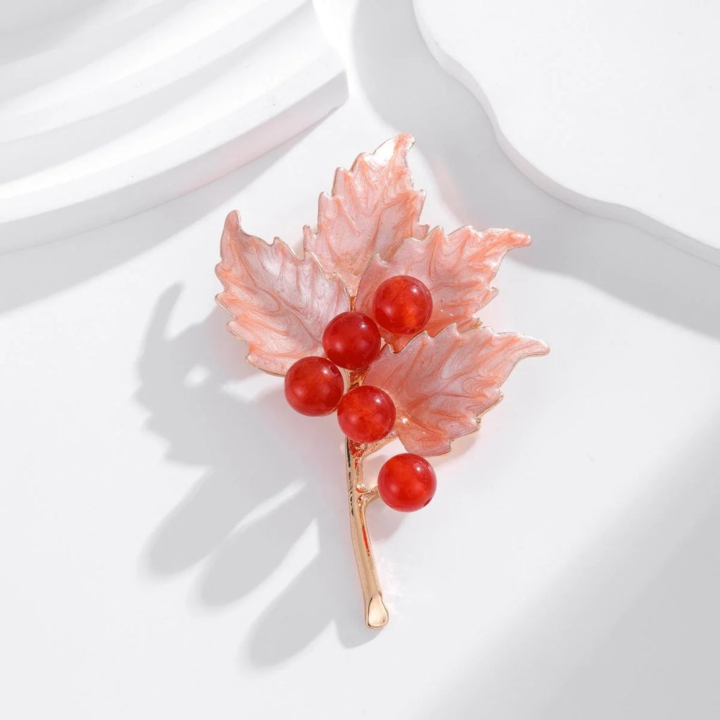 Vintage Alloy Maple Leaf Brooch With Red Berries, Elegant Autumn Leaf Lapel Pin Suit Accessory Gift