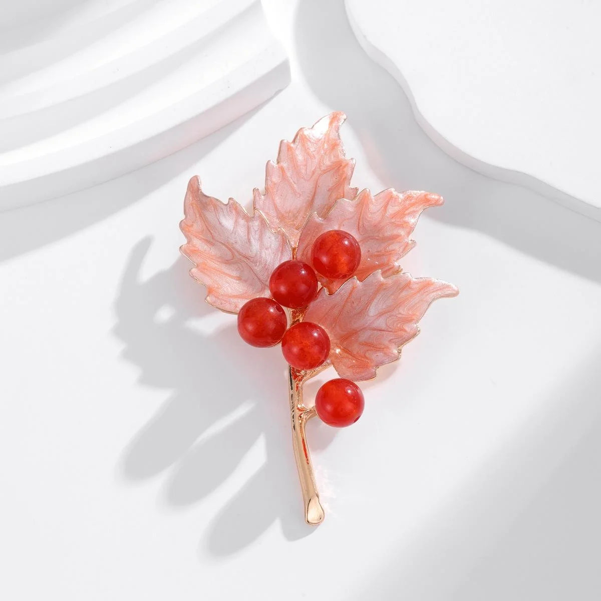 Vintage Alloy Maple Leaf Brooch With Red Berries, Elegant Autumn Leaf Lapel Pin Suit Accessory Gift