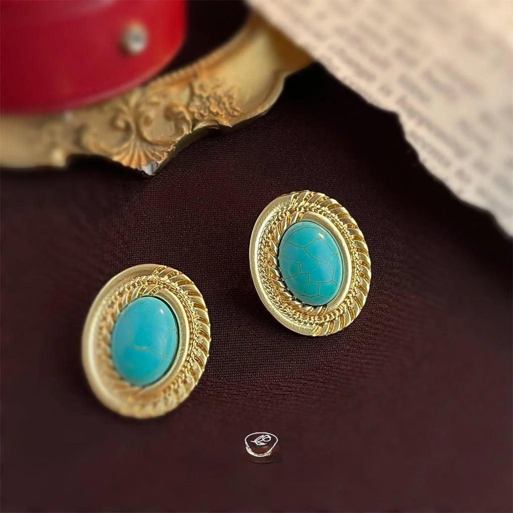 Vintage Artistic Oval Geometric Matte Copper Synthetic Turquoise Drop Earrings