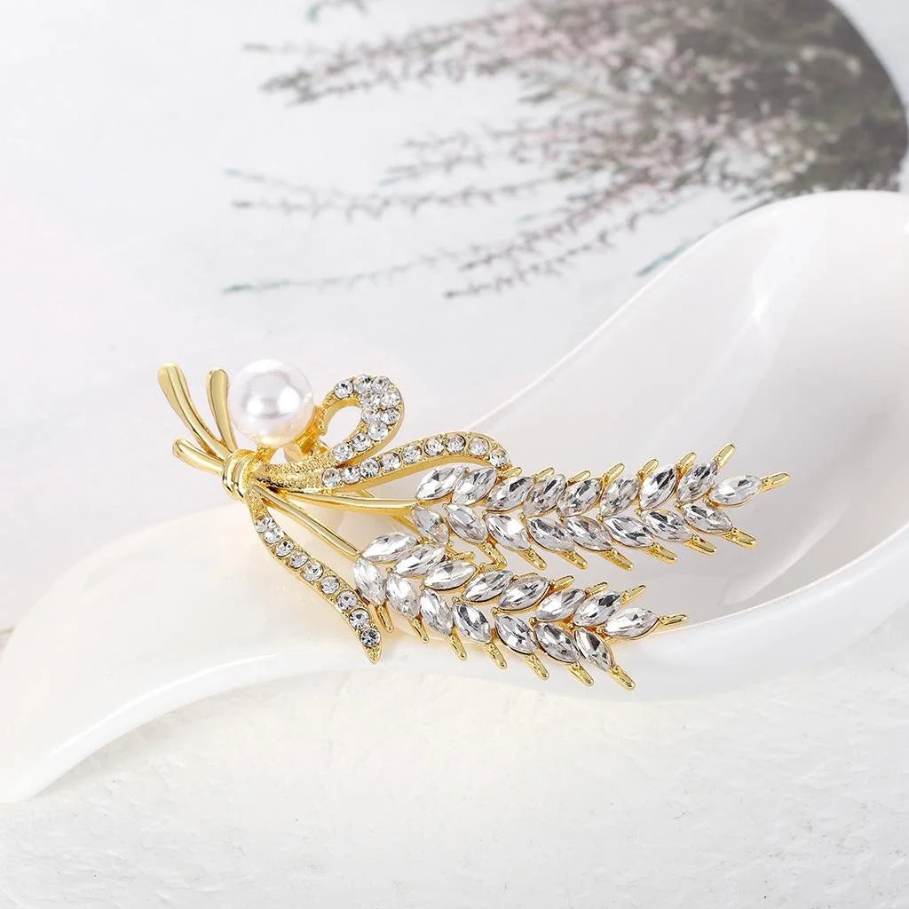Elegant Rhinestone Wheat Ear Pearl Brooch For Women, Gold Alloy Lapel Pin Corsage Suit Accessory Gift