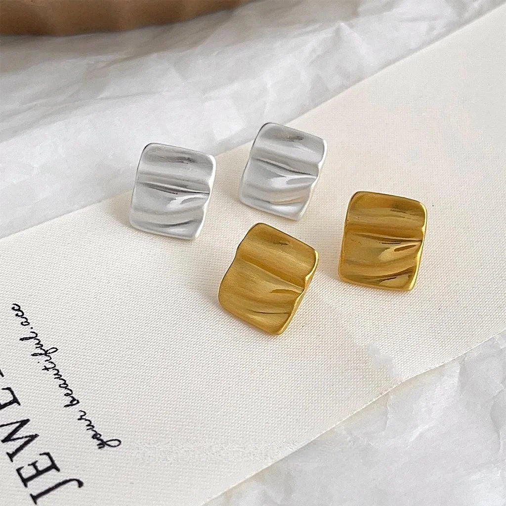 Premium 14K Gold Plated Copper Square Stud Earrings Brushed Geometric Curved Wrinkle Design