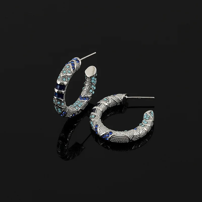 Vintage Blue Enamel Rhinestone Spiral Hoop Stud & Clip On No Piercing Luxury Statement Earrings
