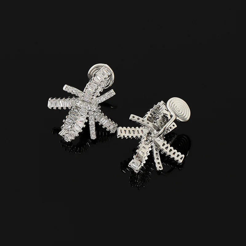 Luxury Firework Bow Zircon Stud & Clip On No Piercing Bridal Evening Statement Earrings