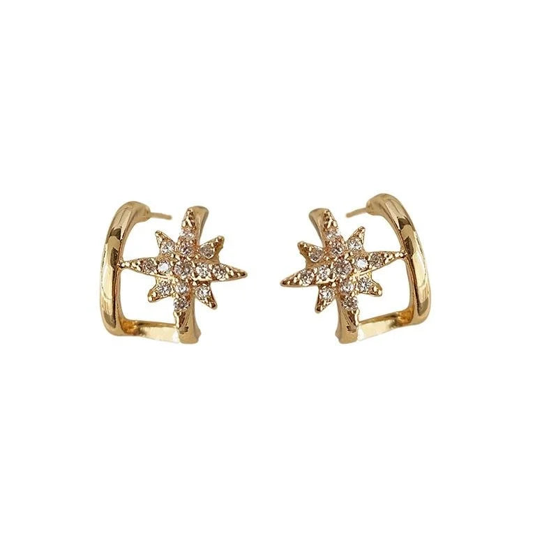 Copper Micro Pave Zircon Star Stud Earrings, Double Layer Line Minimalist Gold Tone Jewelry