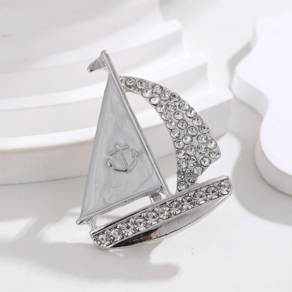 Elegant Sailboat Brooch With White Enamel Sails And Rhinestone Hull, Nautical Lapel Pin Suit Accessory Gift
