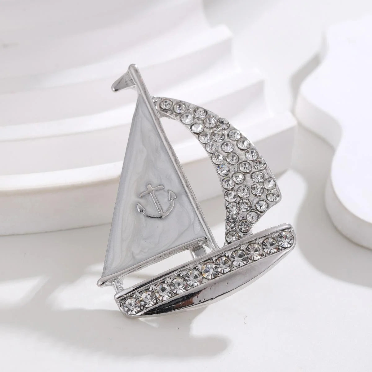 Elegant Sailboat Brooch With White Enamel Sails And Rhinestone Hull, Nautical Lapel Pin Suit Accessory Gift