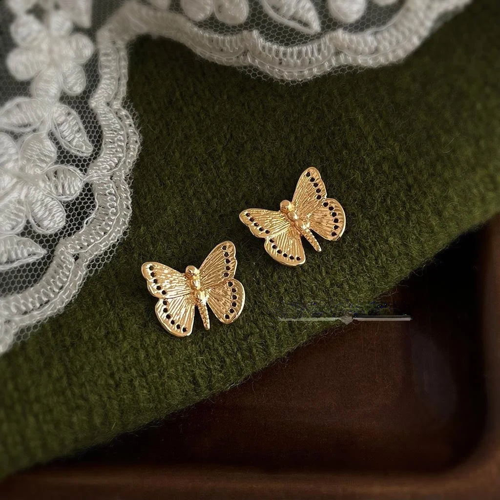 French Vintage Fluttering Butterfly Stud Earrings Copper Elegant Office Jewelry