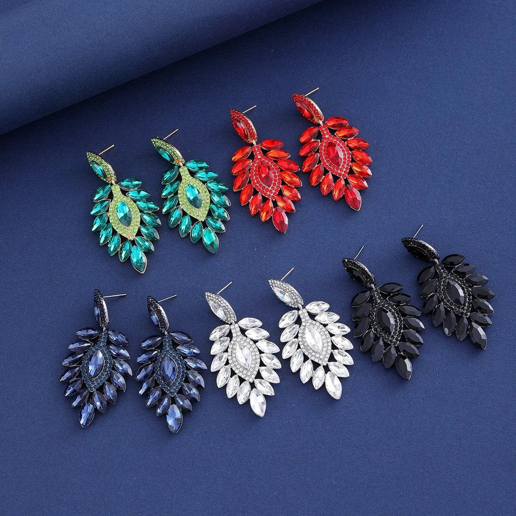 Luxury Green Crystal Rhinestone Leaf Chandelier Earrings For Women, Elegant Alloy Drop Jewelry For Wedding Party