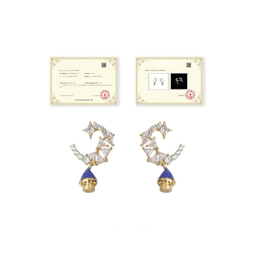 Niche Designer 14K Plated Copper Zircon Moon Castle Star Geometric Drop Earrings