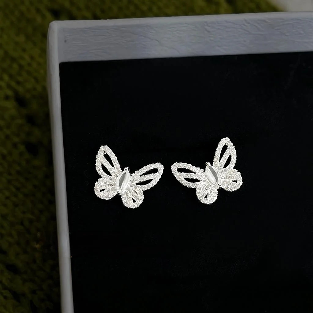 Full Zircon Sparkly Butterfly Stud Earrings Light Luxury Copper Silver Plated Ear Jewelry