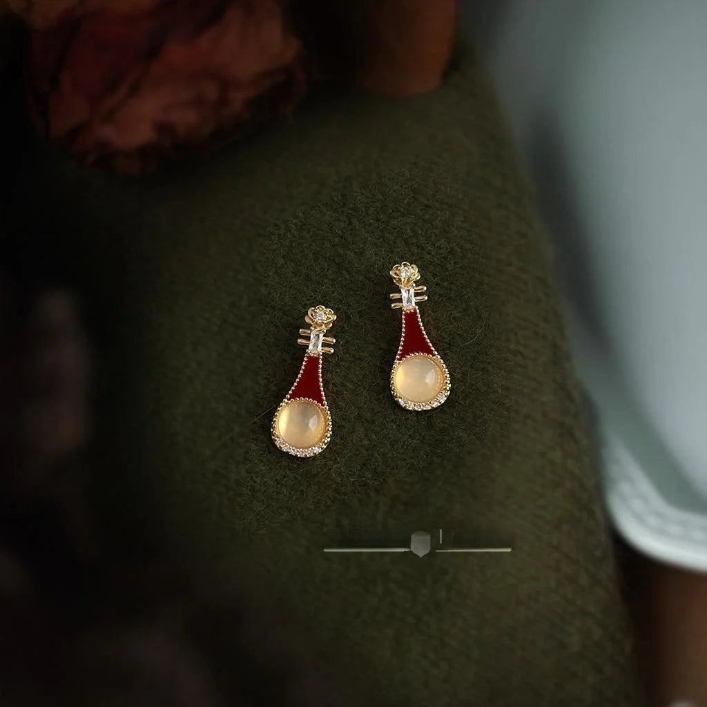 Chinese Style Pipa Agate Drop Earrings With Burgundy Enamel And Micro Pave Zircon