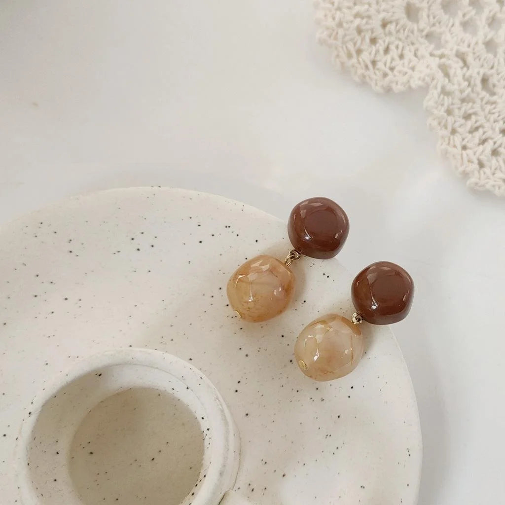 Vintage Korean Caramel Milk Tea Resin Acetate Round Ball Drop Earrings