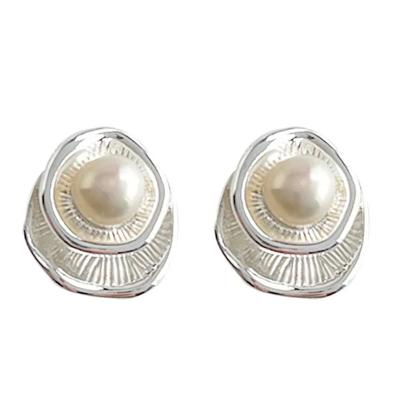 14K Plated Copper Freshwater Pearl Geometric Stud Earrings Artistic Designer Style