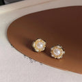 14K Plated Copper Pearl Flower Stud Earrings Minimalist High-End Commuter Jewelry