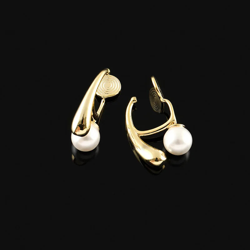Elegant Gold Alloy Teardrop Hoop Pearl Stud & Clip On No Piercing Spiral Disc Women's Earrings