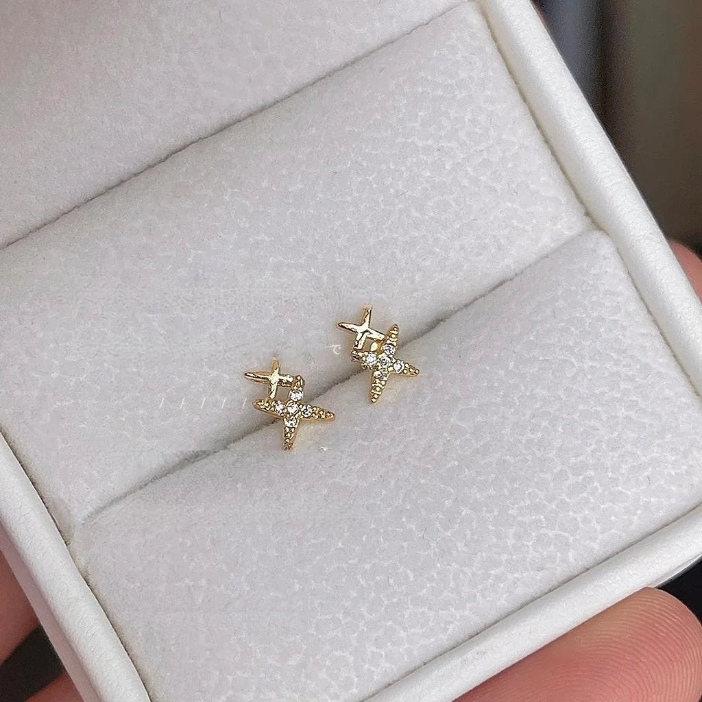 14K Gold Plated Copper Mini Star Zircon Stud Earrings Minimalist Versatile Jewelry