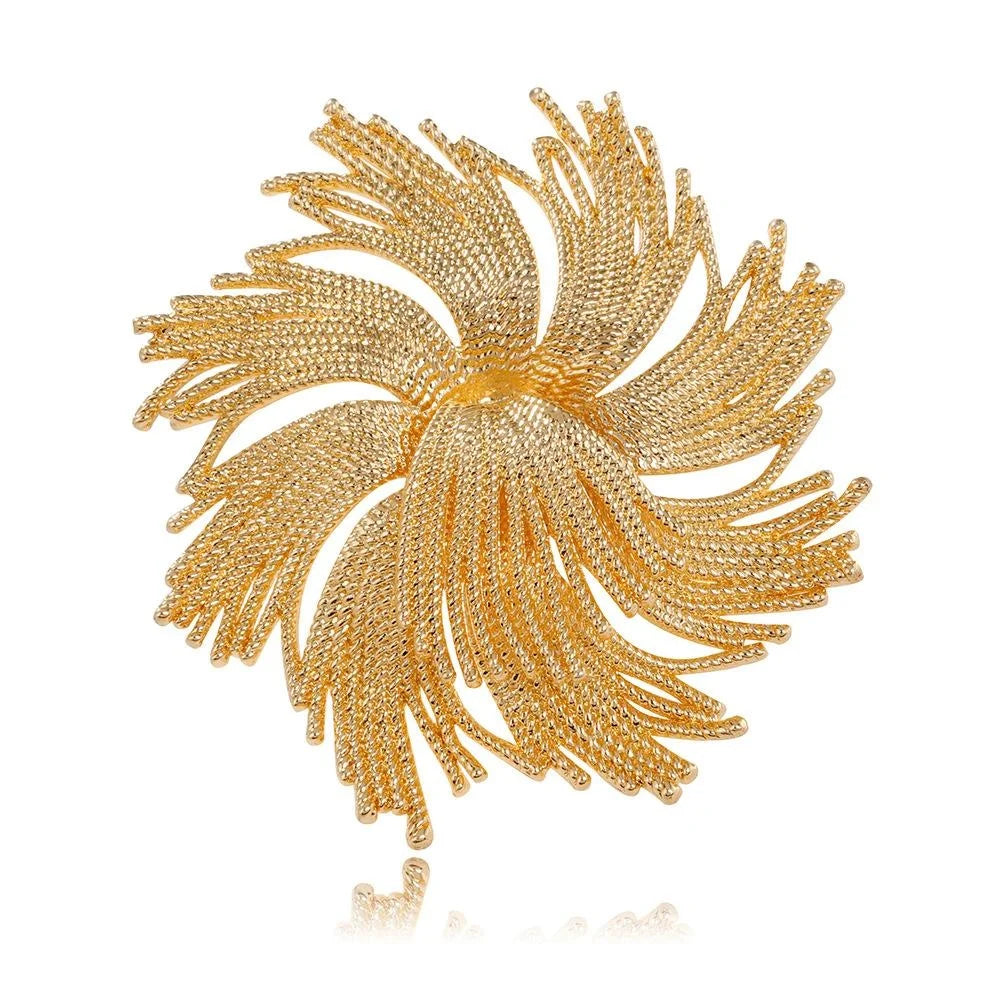 Luxury Gold Alloy Firework Flower Brooch, Textured Spiral Floral Lapel Pin Corsage Suit Accessory Gift