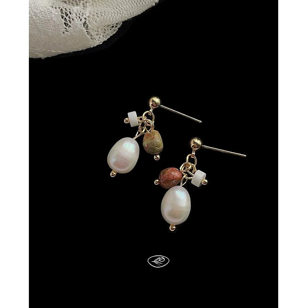 Geometric Freshwater Pearl Natural Stone Tassel Stud Earrings With Silver Plated