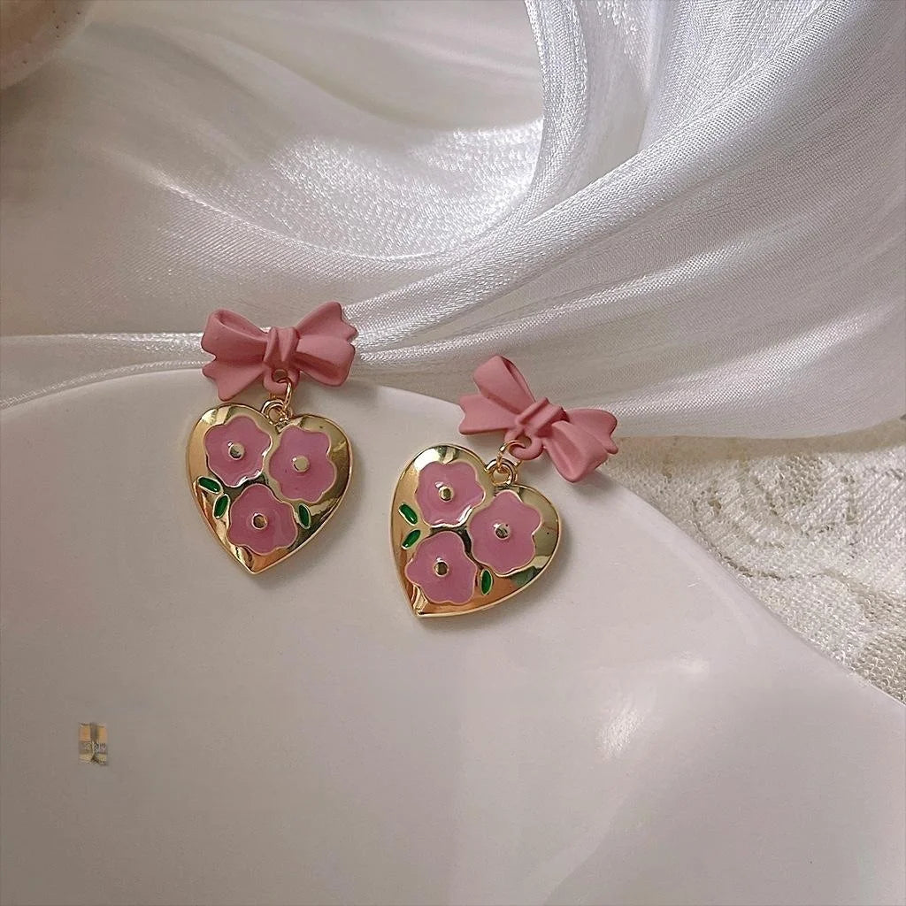 Sweet Pink Flower Heart Bow Copper Stud Earrings For Women Princess Style Jewelry