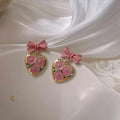 Sweet Pink Flower Heart Bow Copper Stud Earrings For Women Princess Style Jewelry