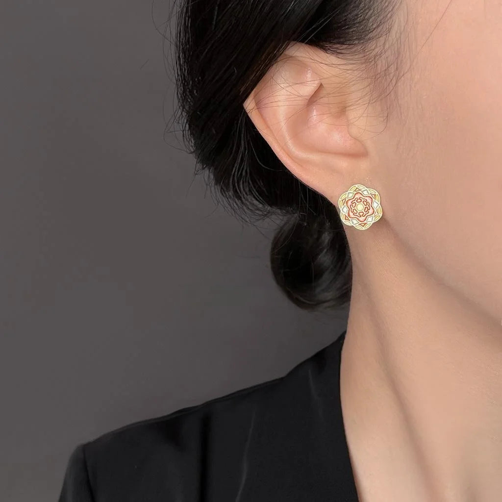 New Chinese Ethnic Enamel Flower Petal Copper Stud Earrings