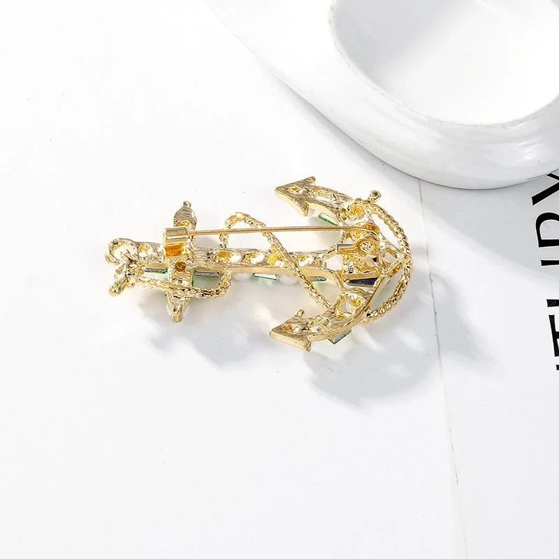 Vintage Baroque Anchor Brooch With Green Rhinestones And Faux Pearls, Luxury Nautical Lapel Pin Gift