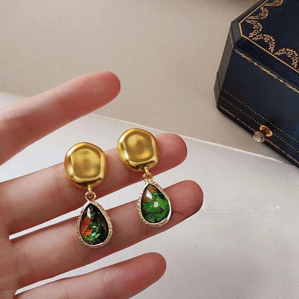 Vintage Abalone Shell Teardrop Stud Earrings Copper French Palace Style Jewelry