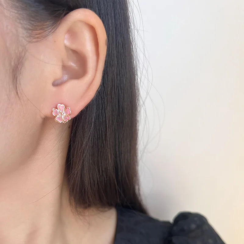 Elegant Pink Enamel Hollow Flower Alloy Stud & Clip On No Piercing Sweet Gradient Floral Earrings