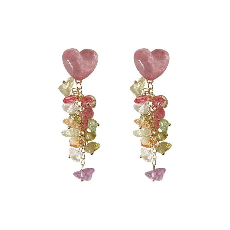 Silver Plated Copper Handmade Glass Crystal Heart Flower Long Tassel Stud Earrings