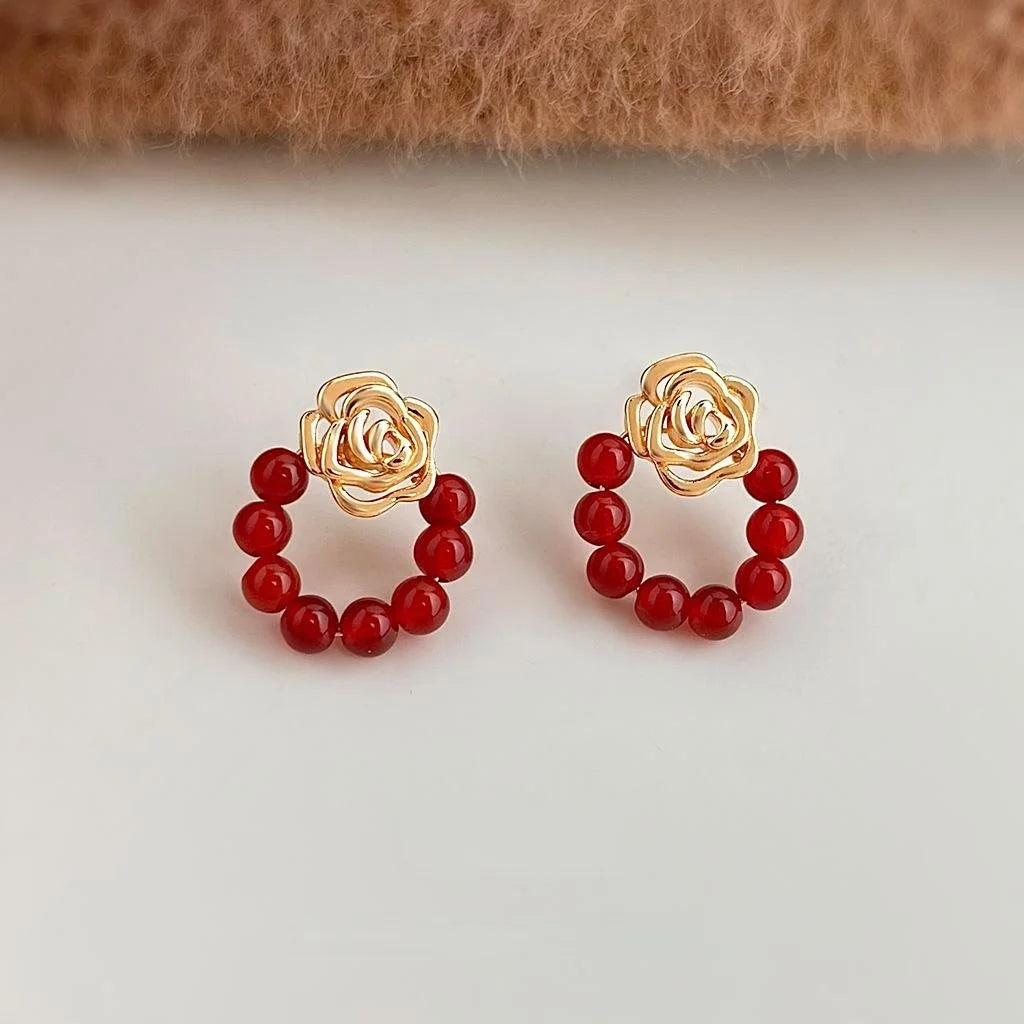 Handmade Ethnic Geometric Rose Natural Red Agate Copper Drop Earrings Posts