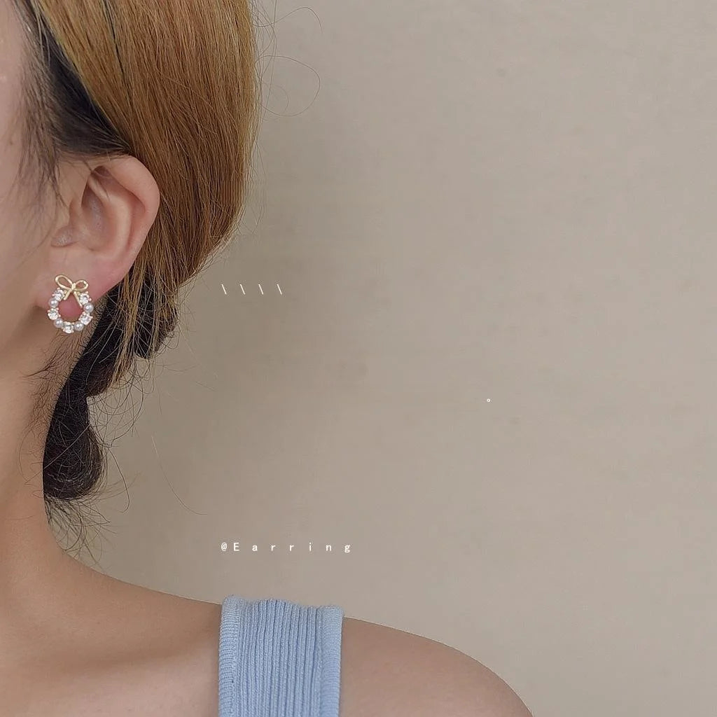14K Gold Plated Copper Micro Pave Zircon Bow Stud Earrings Sweet Korean Style