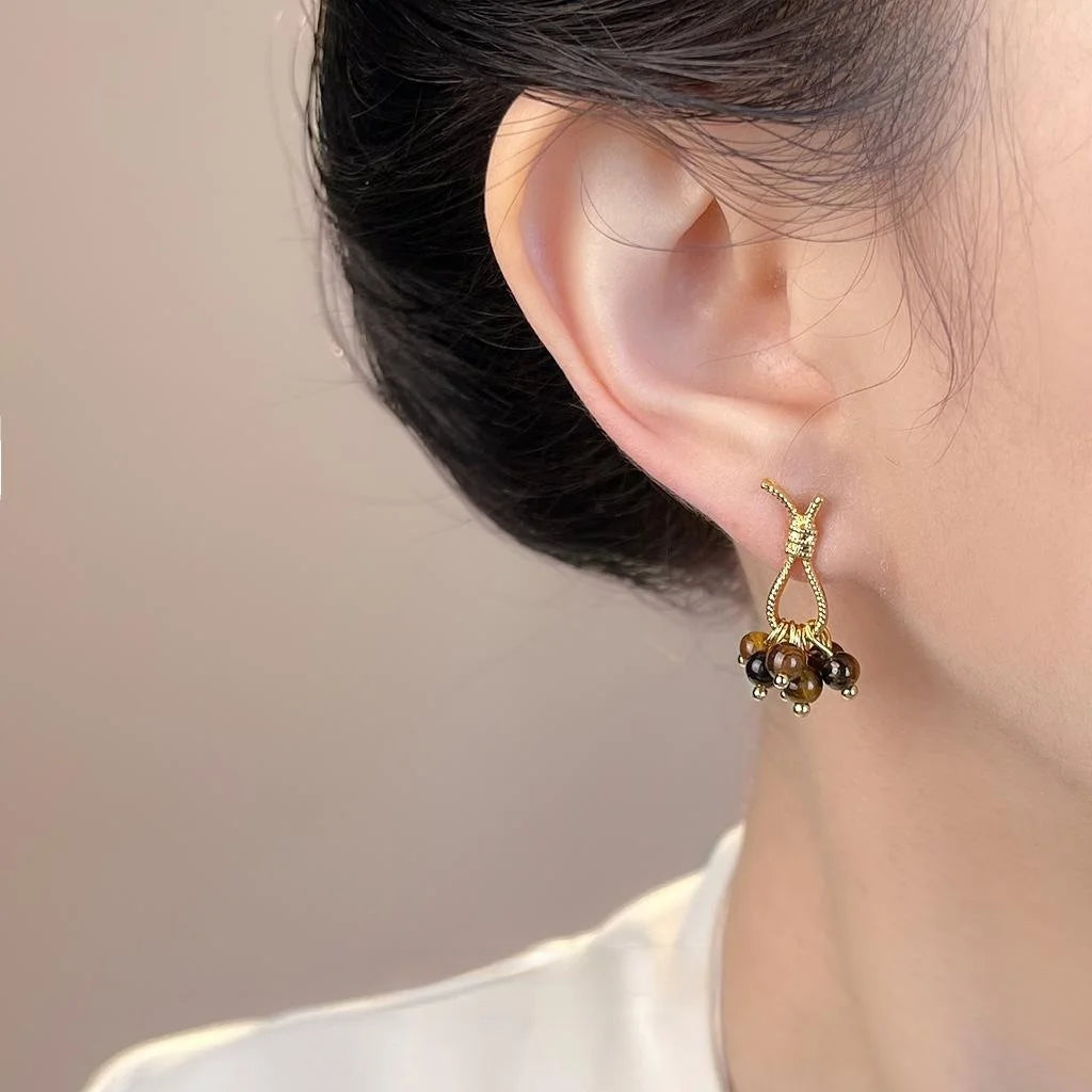 Maillard Vintage Copper Tiger Eye Rope Knot Tassel Grape Cluster Drop Earrings