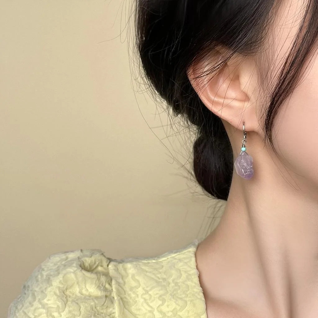 Handmade Natural Amethyst Drop Earrings Elegant Lavender Purple Irregular Geometric Jewelry